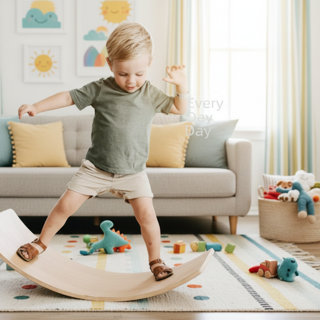 Child balancing on a wooden wobble board with a chalkboard in the background