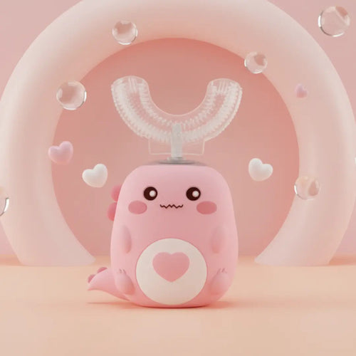 Pink cartoon-like dental toothbrush with a heart on a white background