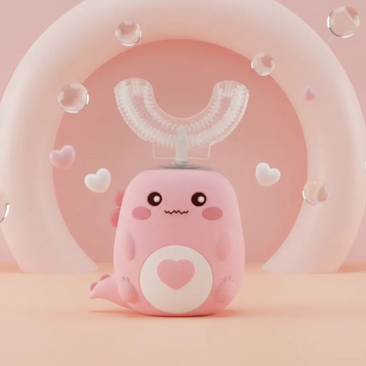 Pink cartoon-like dental toothbrush with a heart on a white background