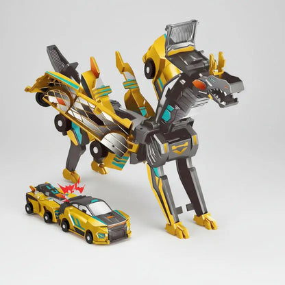 Toy robot in dinosaur and car form on a white background