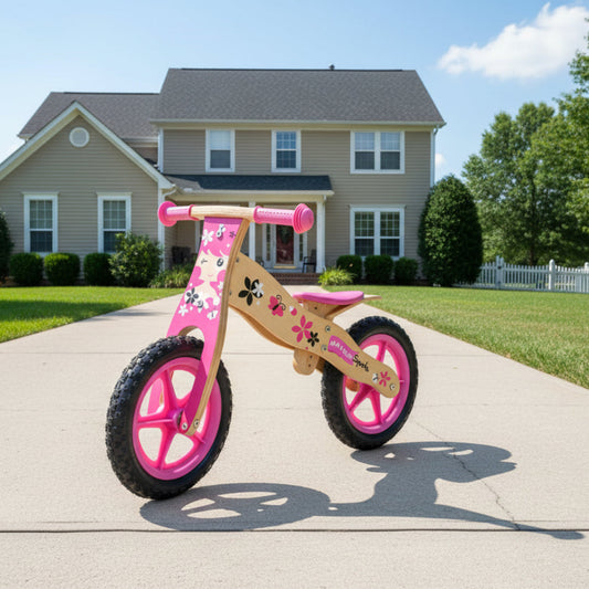 Pink and wooden balance bike with floral design on a white background