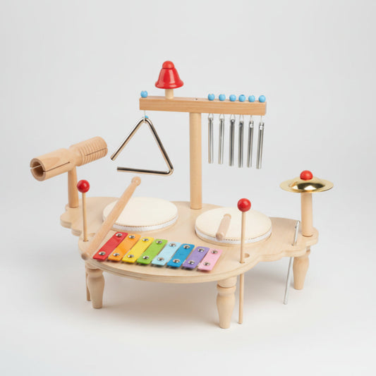 Wooden musical toy set with various instruments