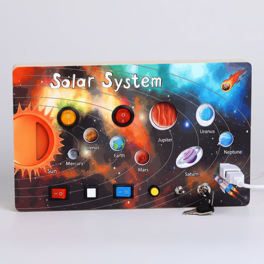 Educational solar system model with labeled planets on a beige background