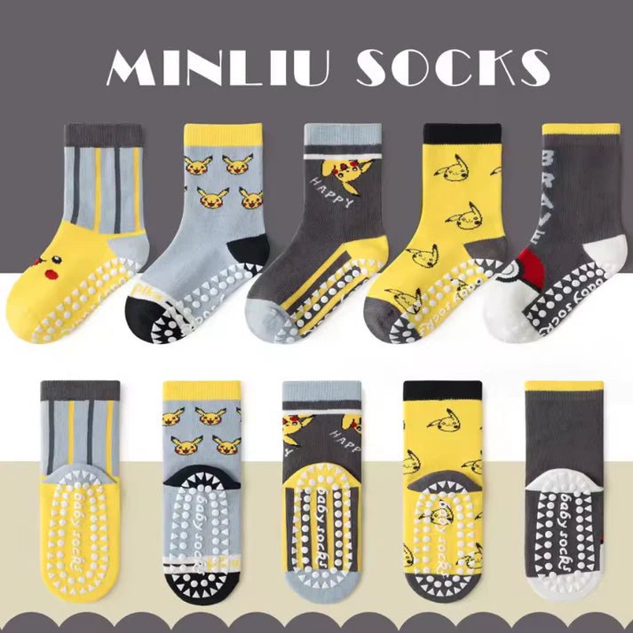 Kids Non‑Slip Cartoon Socks (5 Pairs) Soft Cotton Grip Socks - KIDZEEHUB™
