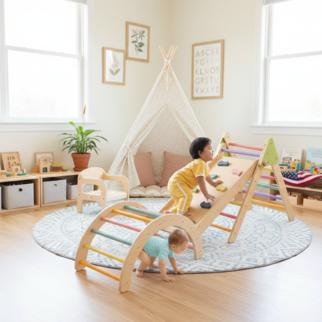 Children playing on a colorful indoor playground set in a room with a rug and furniture.