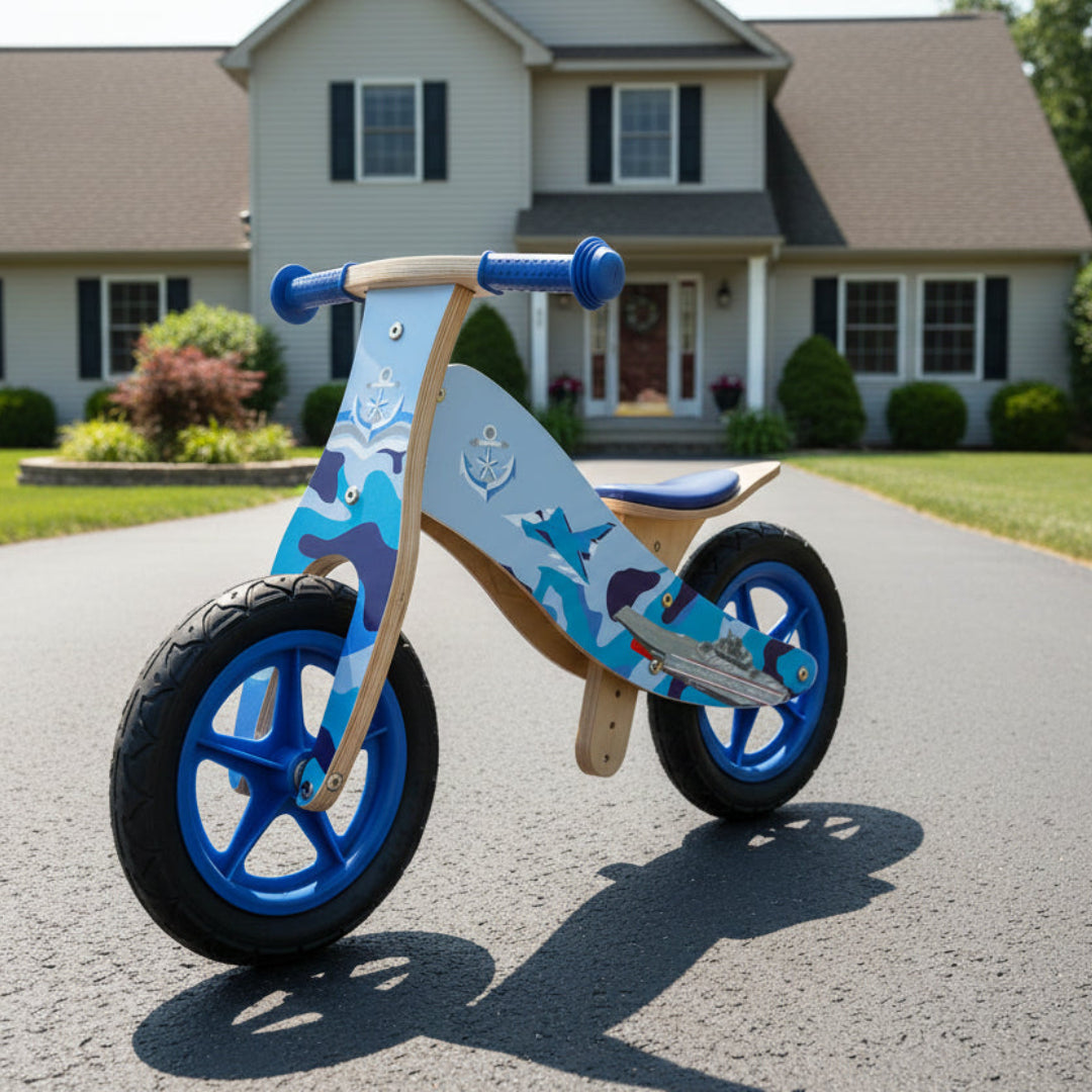 Children's balance bike with blue wheels on a driveway in front of a house