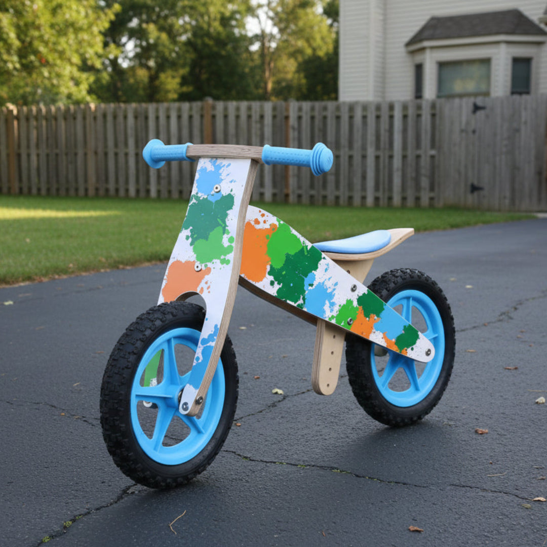 Children's balance bike with colorful design on a white background